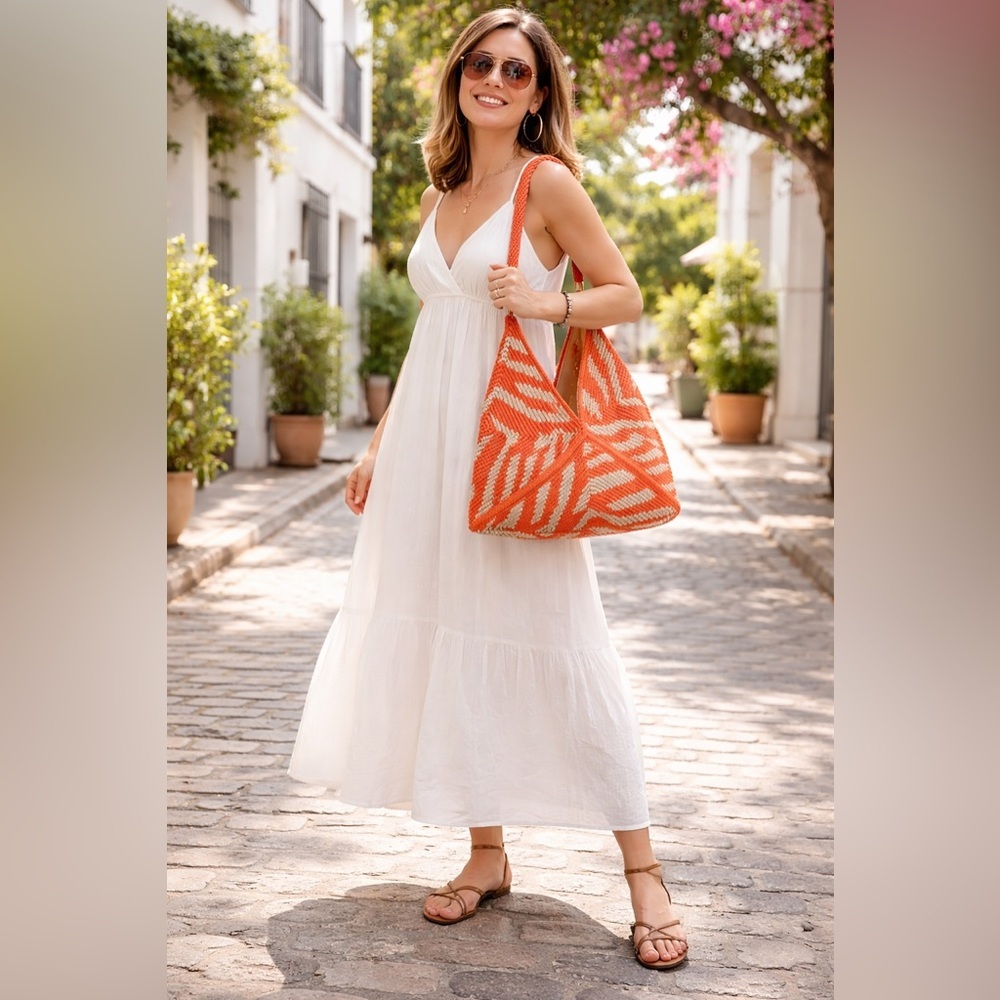 Orange and White Woven Tote Bag